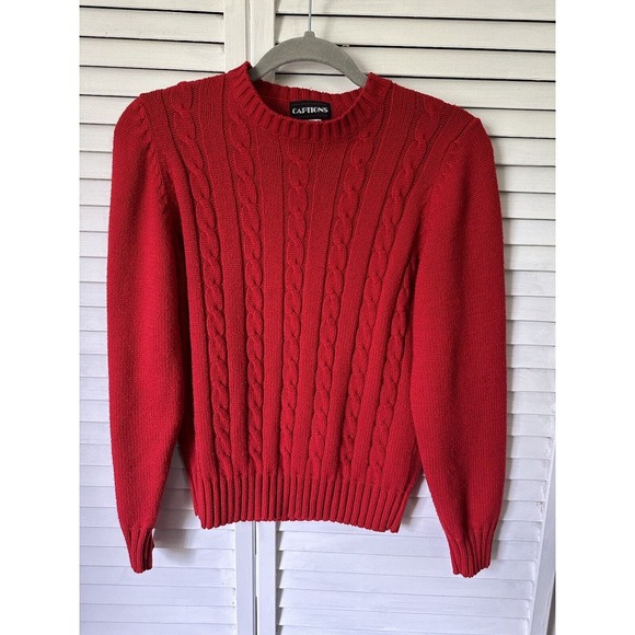 Vintage Captions Puff Sleeve Red Pullover Sweater 80s Size Large L - Picture 2 of 8